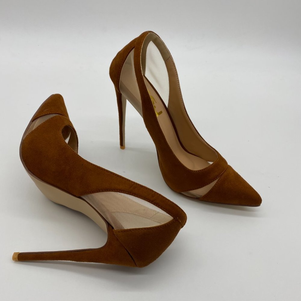 FSJ Brown Mesh High Heel Pointed Toe Pump - Picture 6 of 11